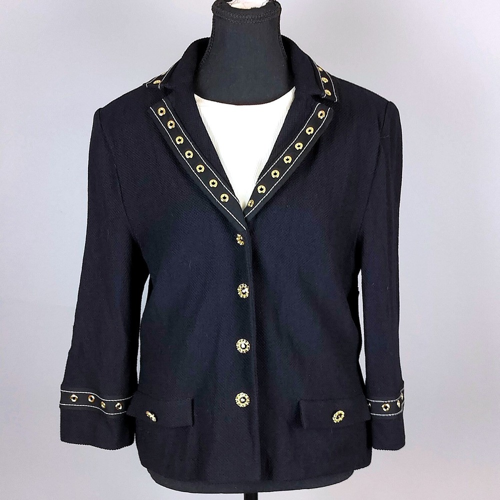 St. John Collection Grommet Santana Knit Blazer Womens Black Gold Accent Jacket